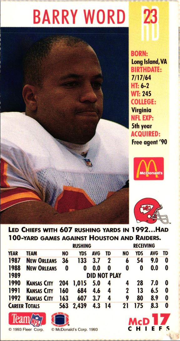 1993 McDonald's GameDay Kansas City Chiefs Barry Word