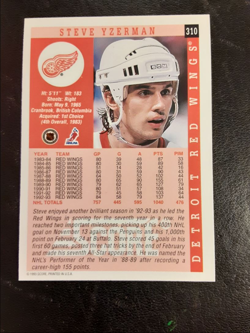 1993 Score Canadian Steve Yzerman