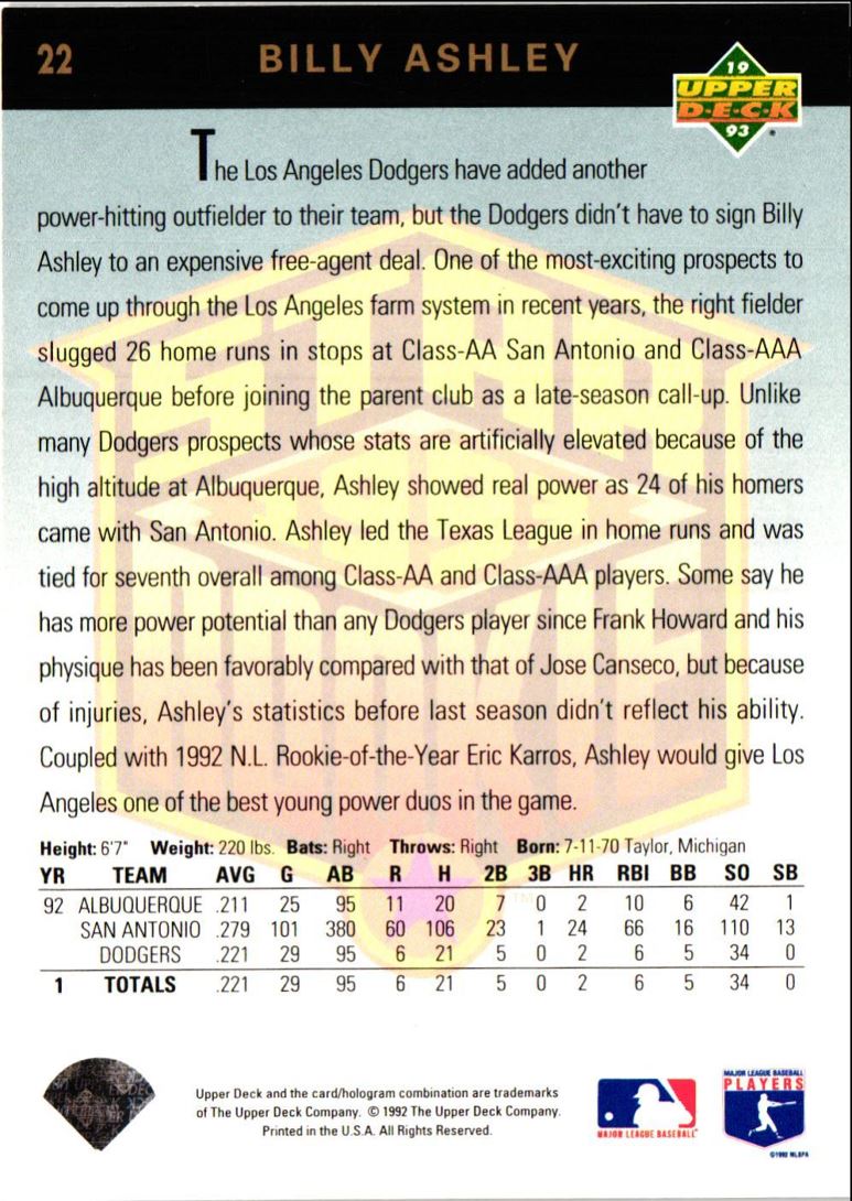 1993 Upper Deck Billy Ashley