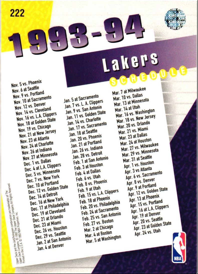 1993 Upper Deck Los Angeles Lakers