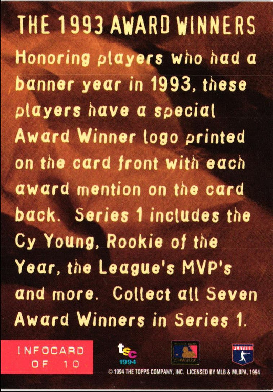 1994 Stadium Club Info Cards 3 Award 93 Winners