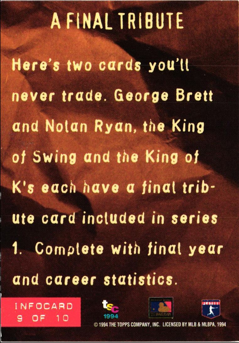 1994 Stadium Club Info Cards A Final Tribute Nolan Ryan