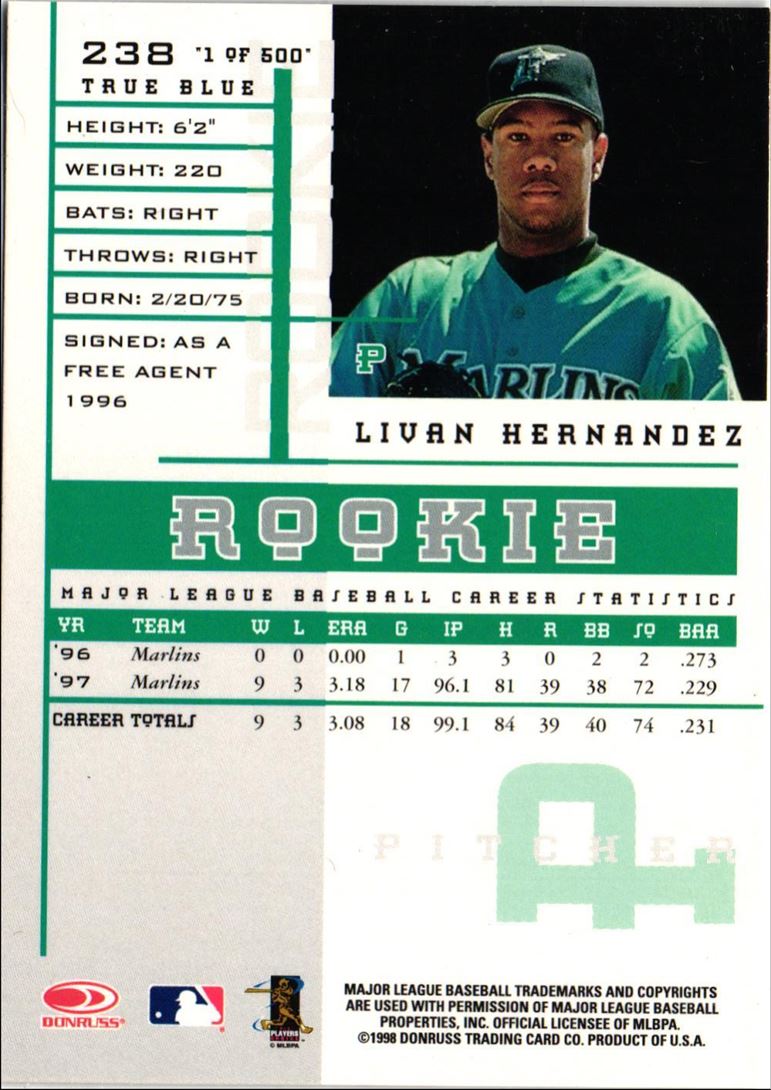 1998 Leaf Rookies & Stars True Blue Livan Hernandez