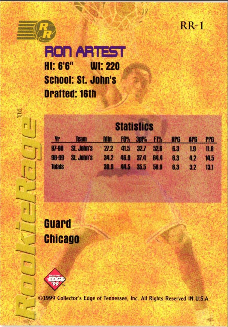 1999 Collector's Edge Rookie Rage Ron Artest