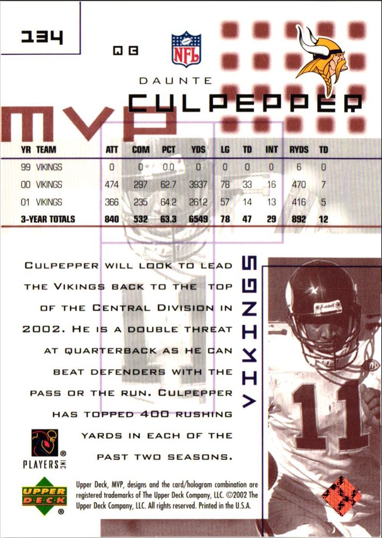 2002 Upper Deck MVP Daunte Culpepper