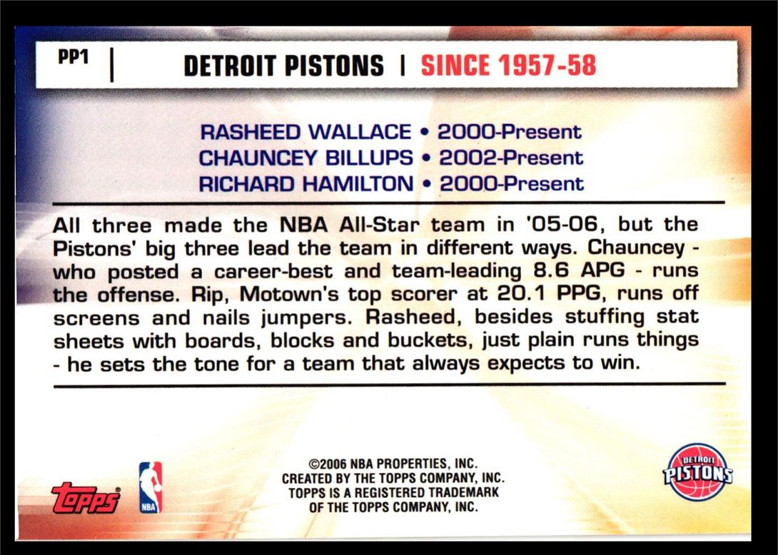 2006 Topps Pride of the Program Rasheed Wallace/Chauncey Billups/Richard Hamilton