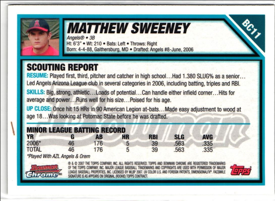 2007 Bowman Chrome Prospects Matthew Sweeney