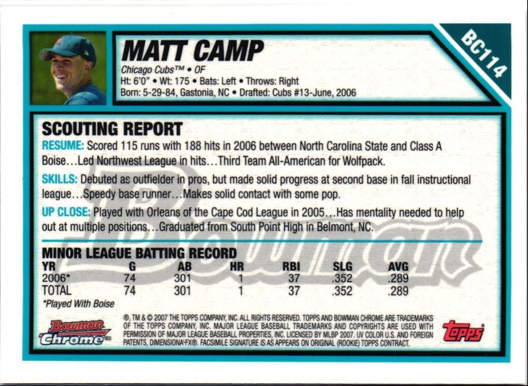 2007 Bowman Chrome Prospects Matt Camp