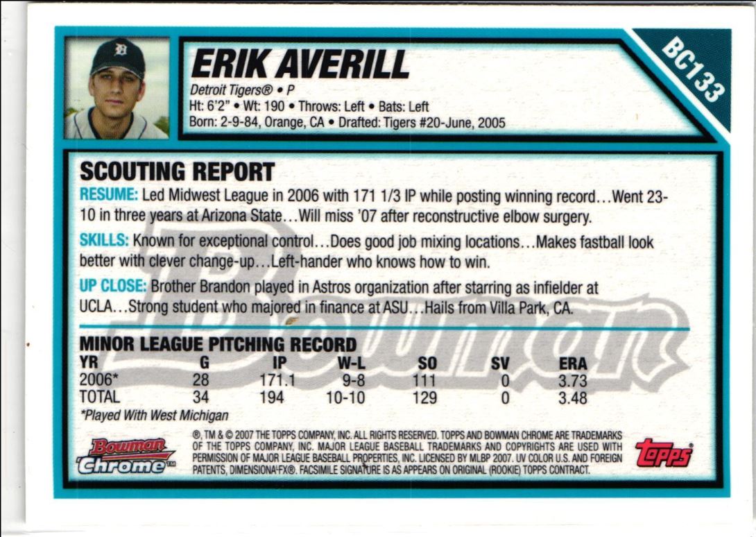 2007 Bowman Chrome Prospects Erik Averill