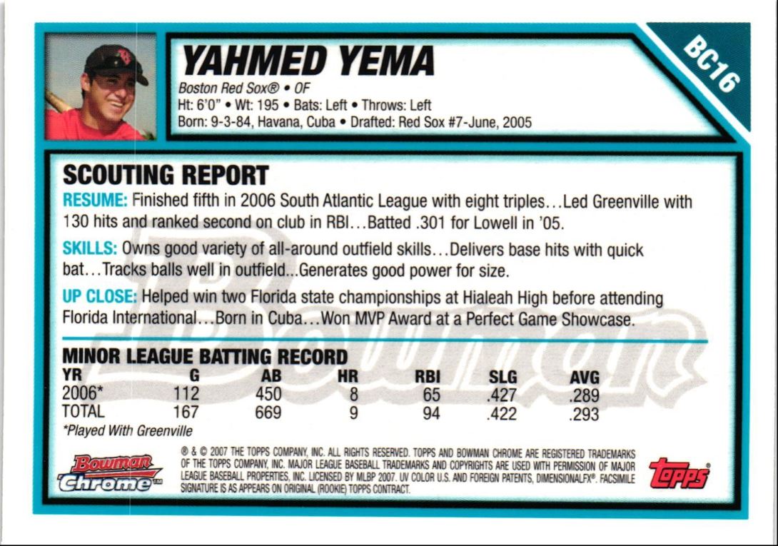 2007 Bowman Chrome Prospects Yahmed Yema