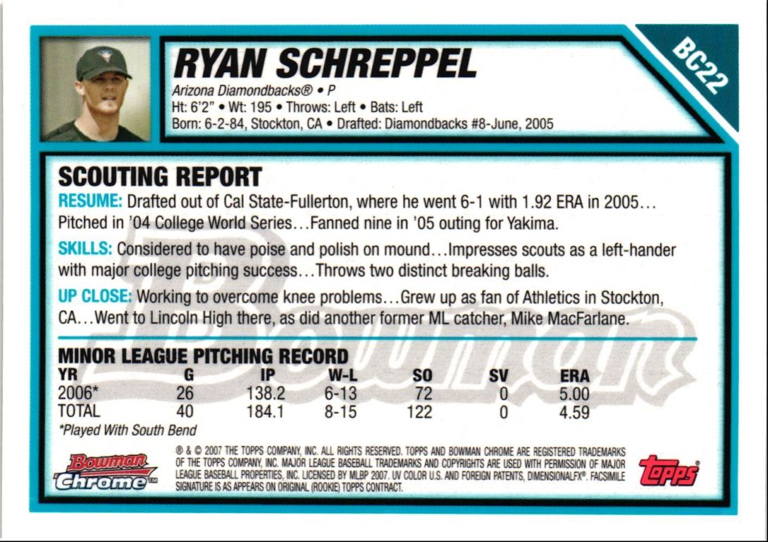 2007 Bowman Chrome Prospects Ryan Schreppel