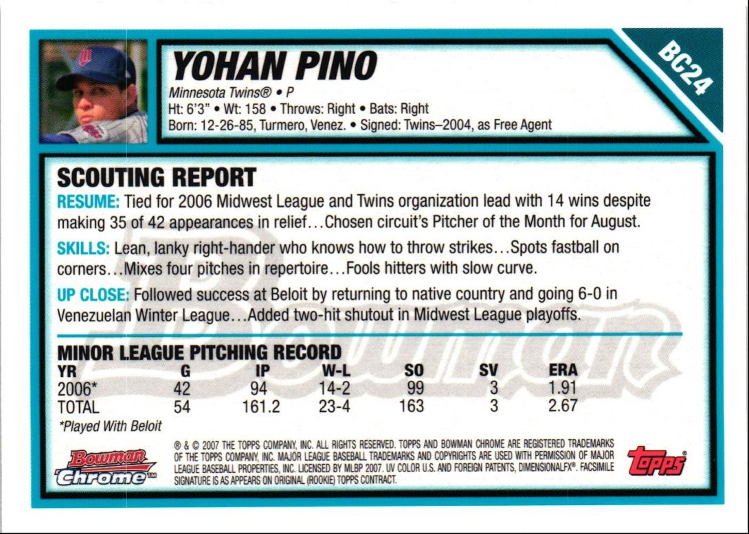 2007 Bowman Chrome Prospects Yohan Pino