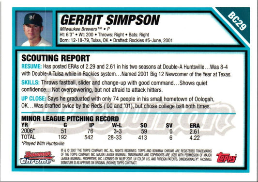 2007 Bowman Chrome Prospects Gerrit Simpson