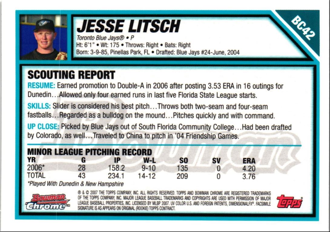 2007 Bowman Chrome Prospects Jesse Litsch