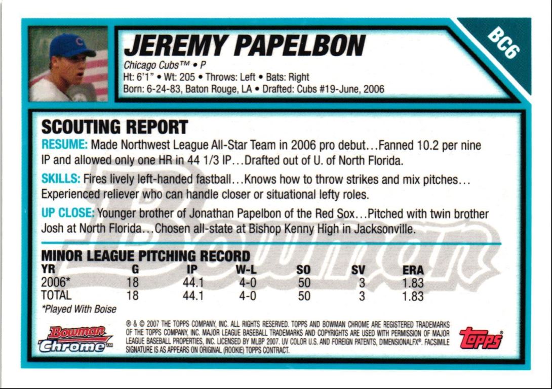 2007 Bowman Chrome Prospects Jeremy Papelbon