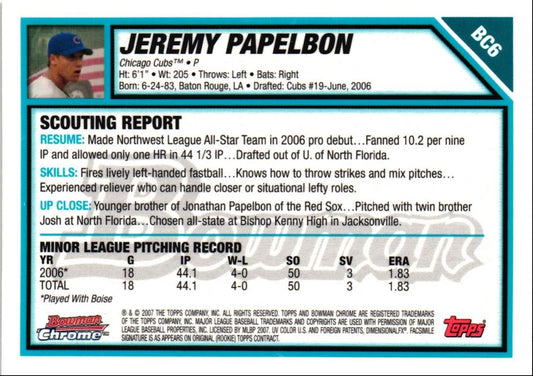 2007 Bowman Chrome Prospects Jeremy Papelbon