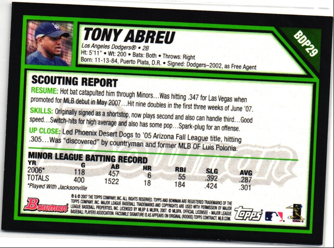 2007 Bowman Draft Picks & Prospects Tony Abreu