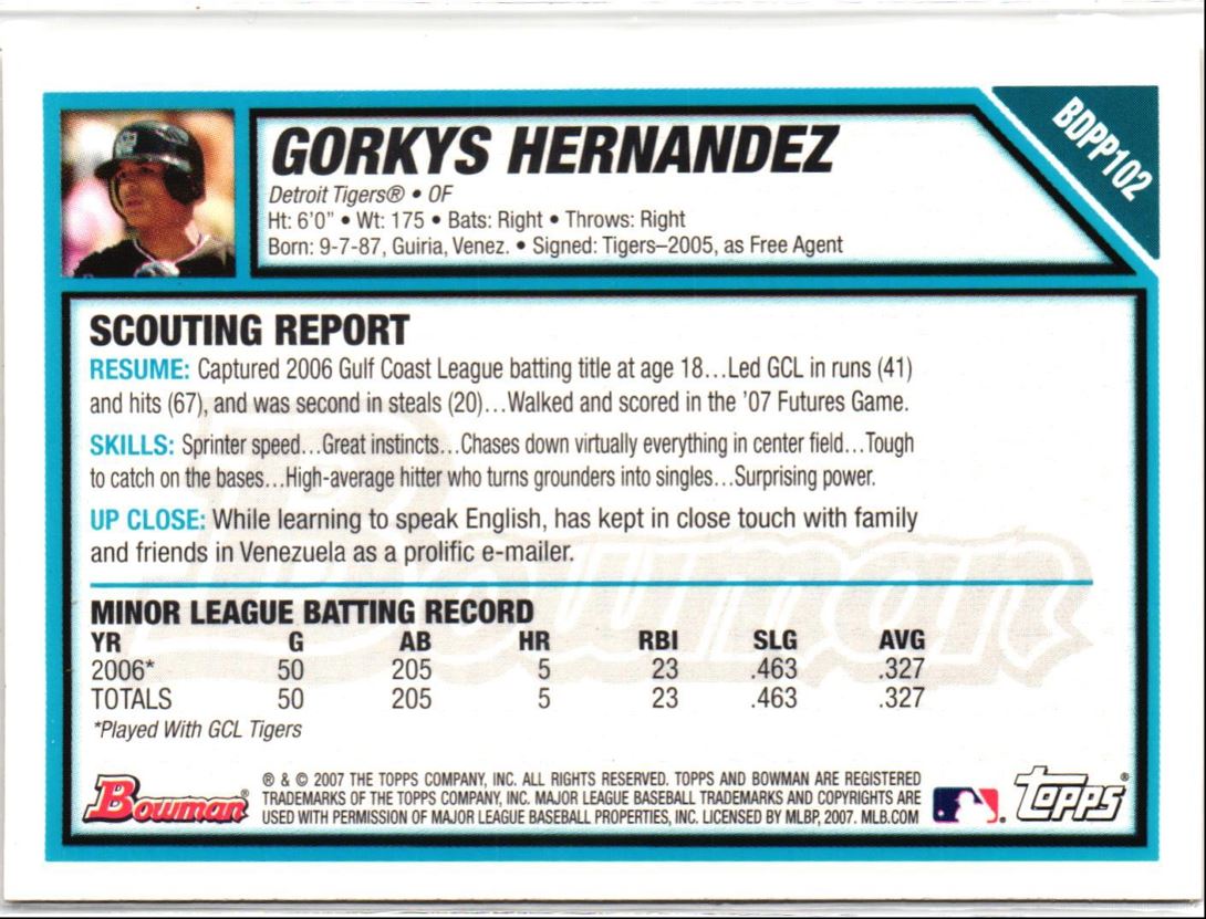 2007 Bowman Draft Picks & Prospects Gorkys Hernandez