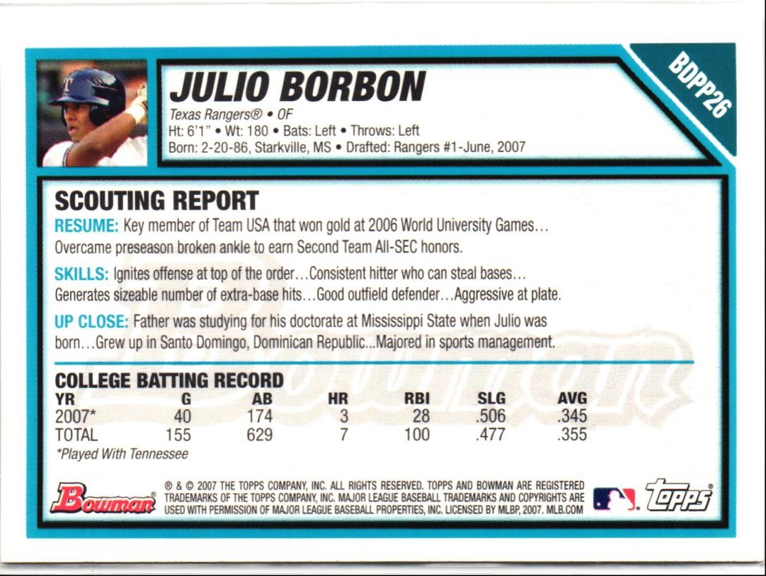 2007 Bowman Draft Picks & Prospects Julio Borbon