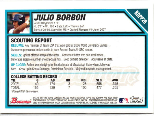 2007 Bowman Draft Picks & Prospects Julio Borbon