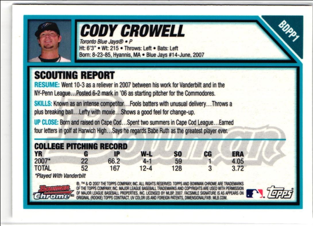 2007 Bowman Draft Picks & Prospects Chrome Cody Crowell