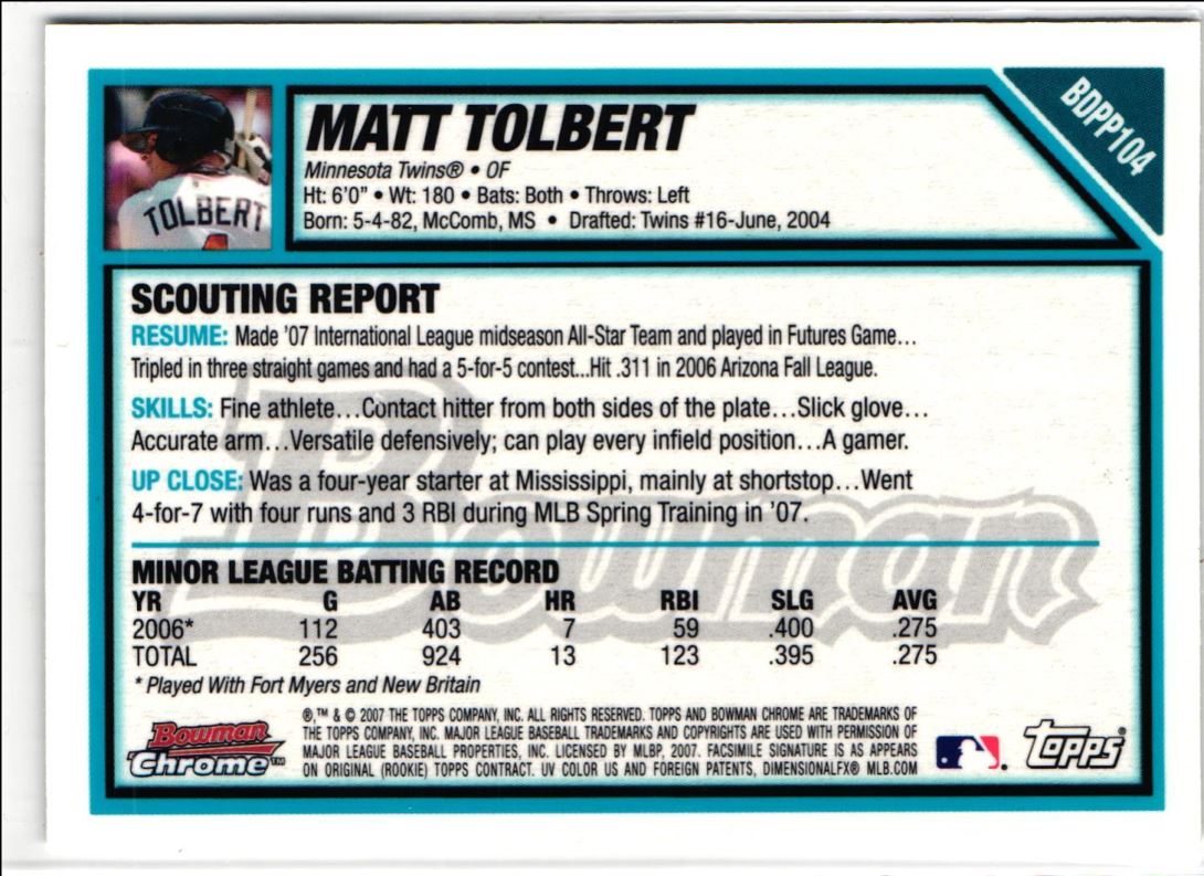 2007 Bowman Draft Picks & Prospects Chrome Matt Tolbert