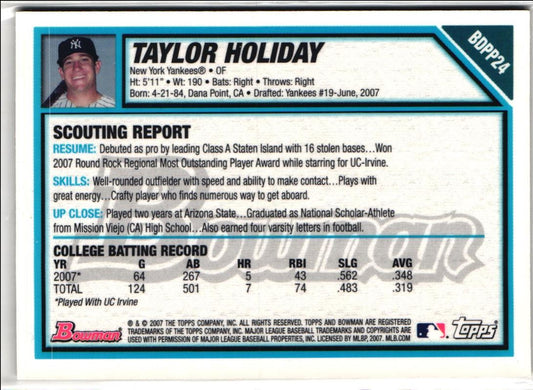 2007 Bowman Draft Picks & Prospects Chrome Taylor Holiday