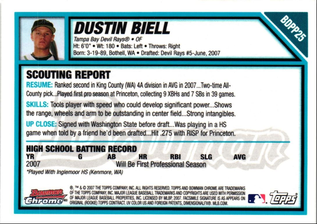 2007 Bowman Draft Picks & Prospects Chrome Dustin Biell