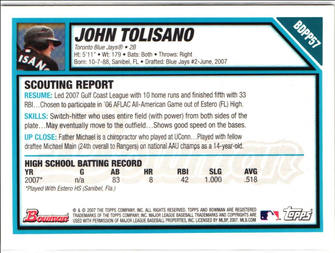 2007 Bowman Draft Picks & Prospects Chrome John Tolisano