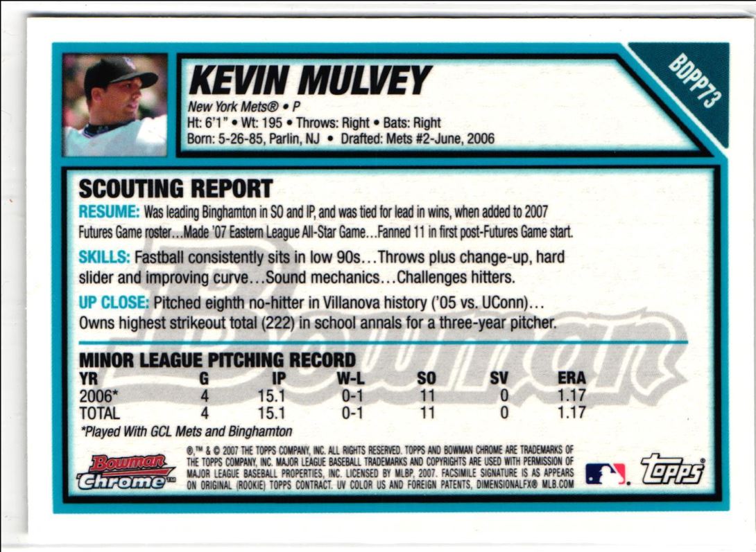 2007 Bowman Draft Picks & Prospects Chrome Kevin Mulvey