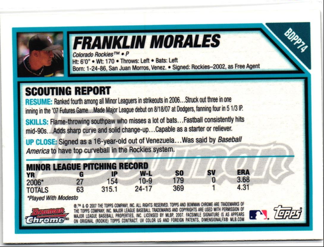 2007 Bowman Draft Picks & Prospects Chrome Franklin Morales