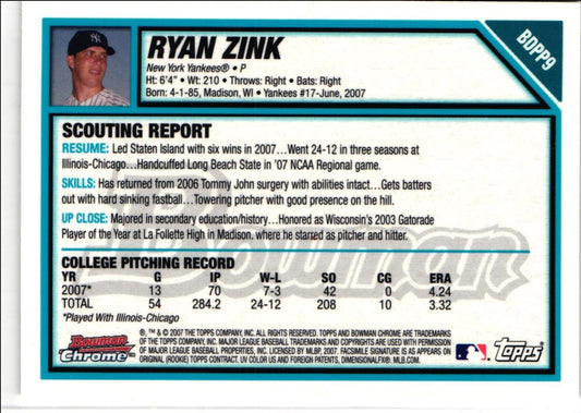 2007 Bowman Draft Picks & Prospects Chrome Ryan Zink