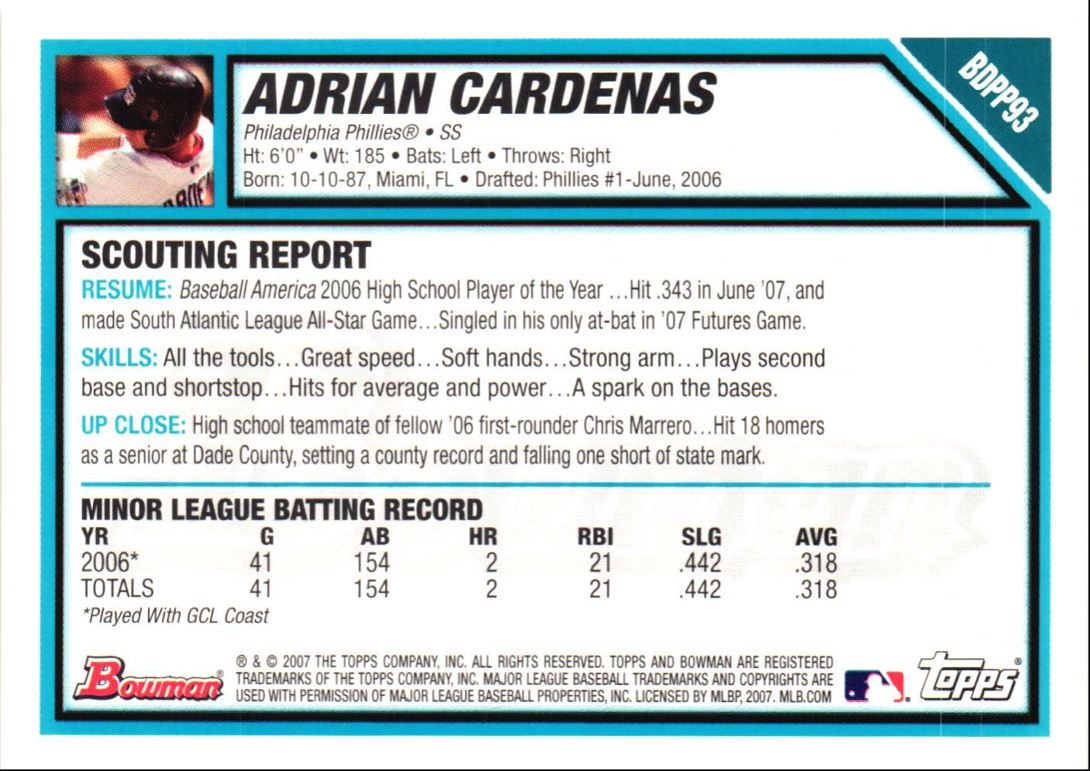 2007 Bowman Draft Picks & Prospects Chrome Adrian Cardenas