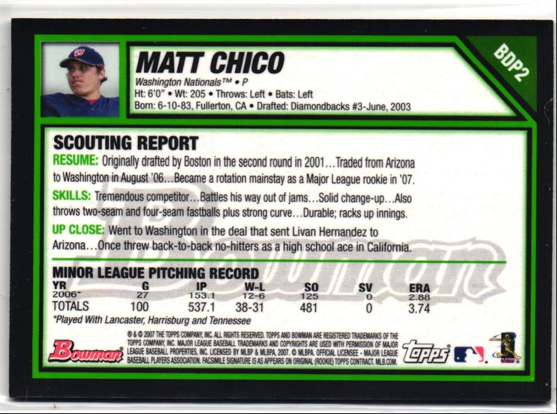 2007 Bowman Draft Picks & Prospects Gold Matt Chico