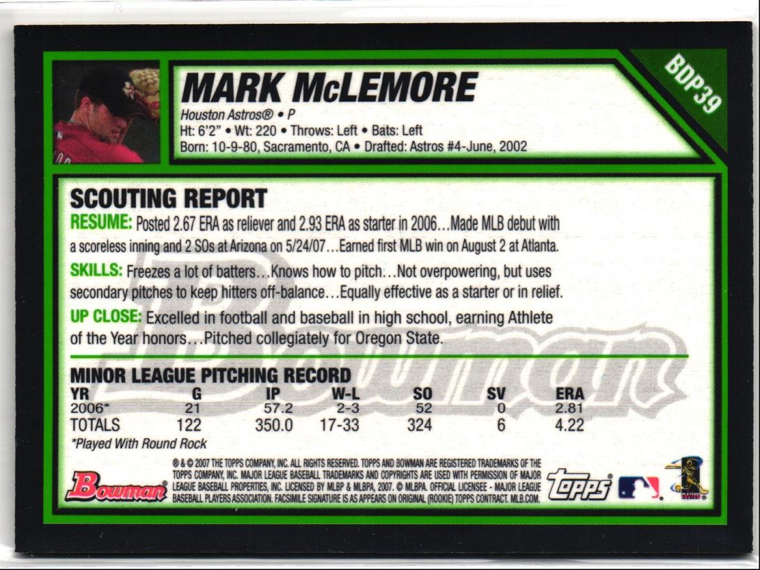 2007 Bowman Draft Picks & Prospects Gold Mark McLemore (P)