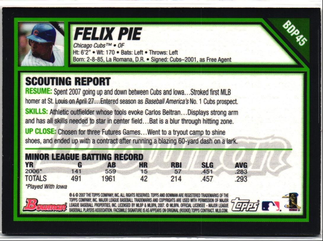 2007 Bowman Draft Picks & Prospects Gold Felix Pie