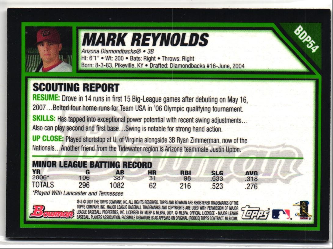 2007 Bowman Draft Picks & Prospects Gold Mark Reynolds