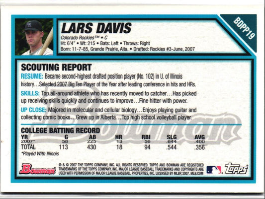 2007 Bowman Draft Picks & Prospects Gold Lars Davis