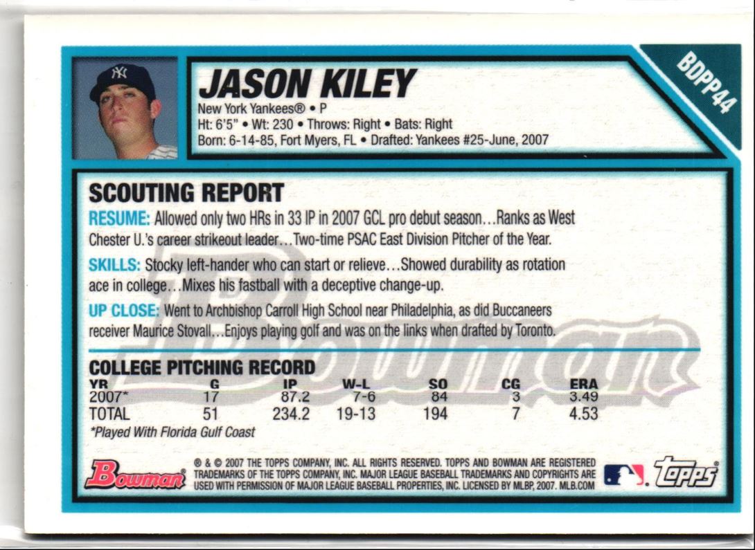 2007 Bowman Draft Picks & Prospects Gold Jason Kiley