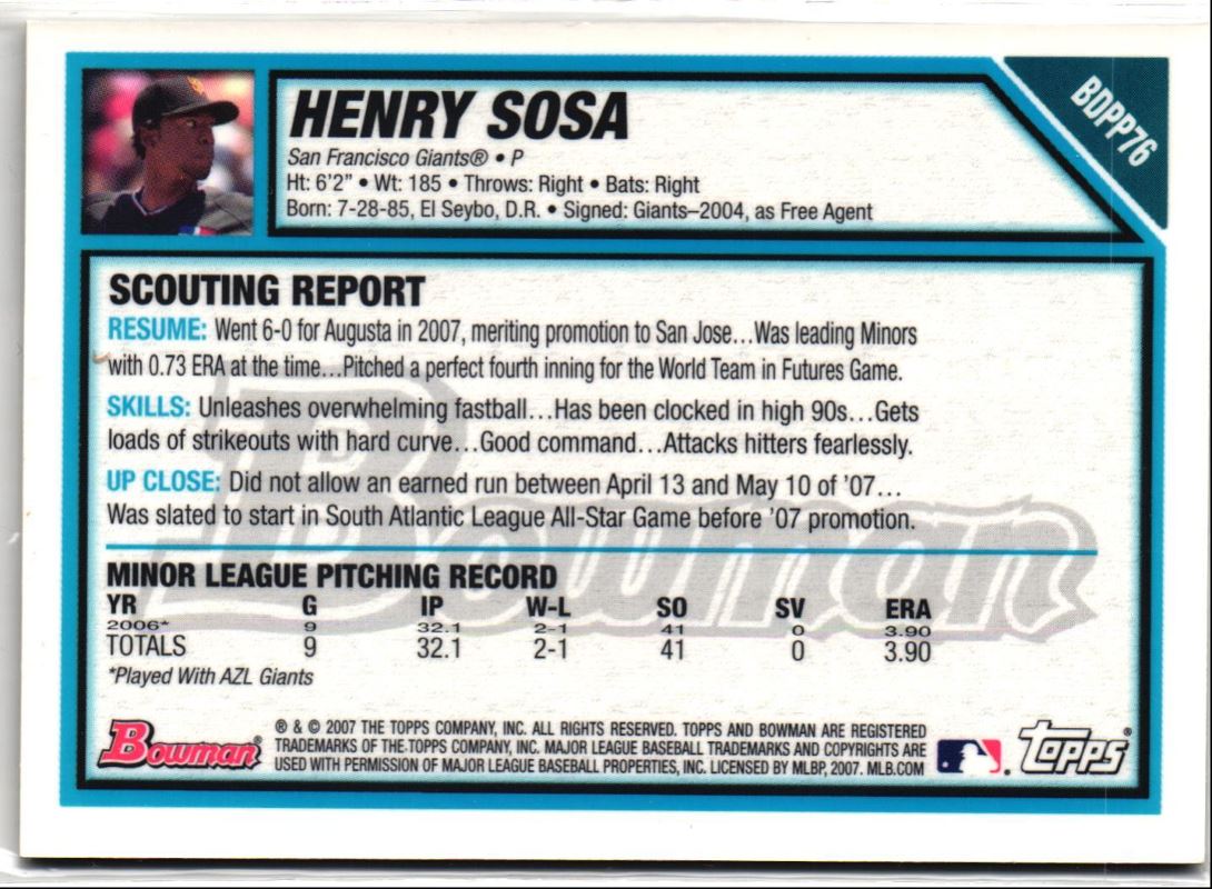 2007 Bowman Draft Picks & Prospects Gold Henry Sosa