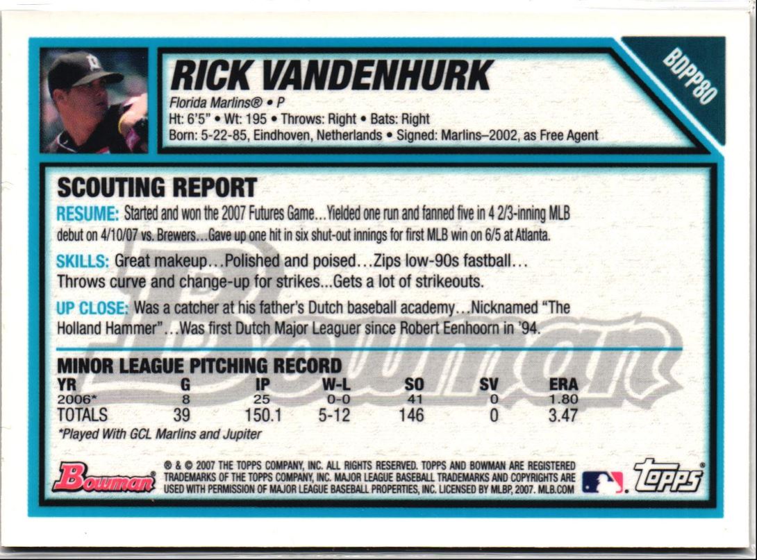 2007 Bowman Draft Picks & Prospects Gold Rick Vanden Hurk