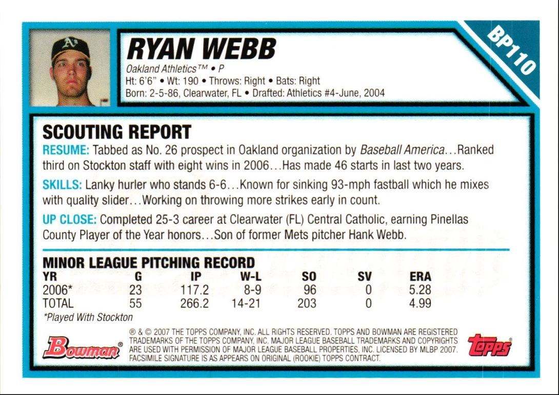 2007 Bowman Prospects Ryan Webb