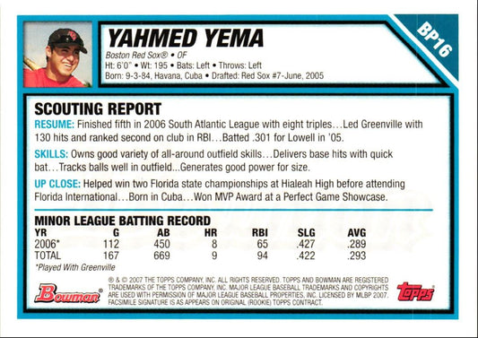 2007 Bowman Prospects Yahmed Yema