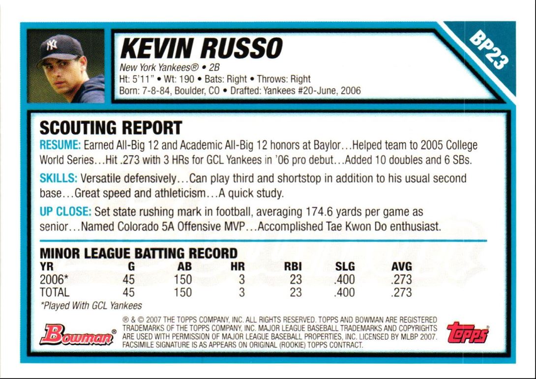 2007 Bowman Prospects Kevin Russo