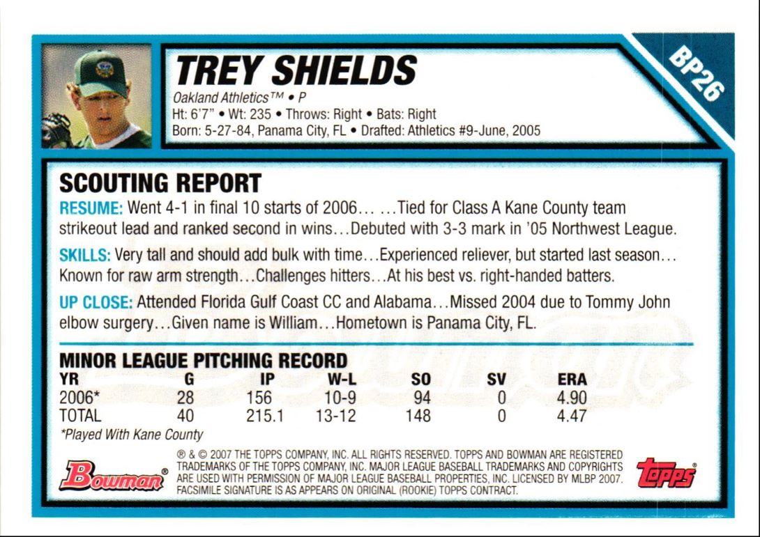 2007 Bowman Prospects Trey Shields