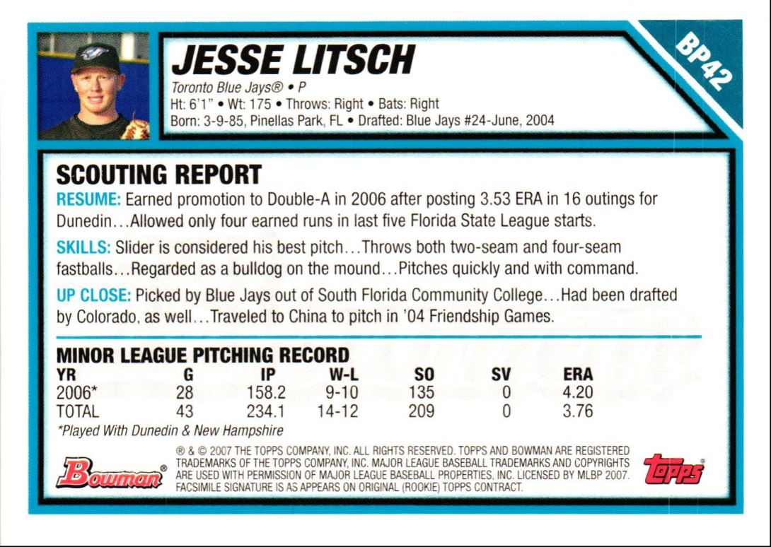 2007 Bowman Prospects Jesse Litsch