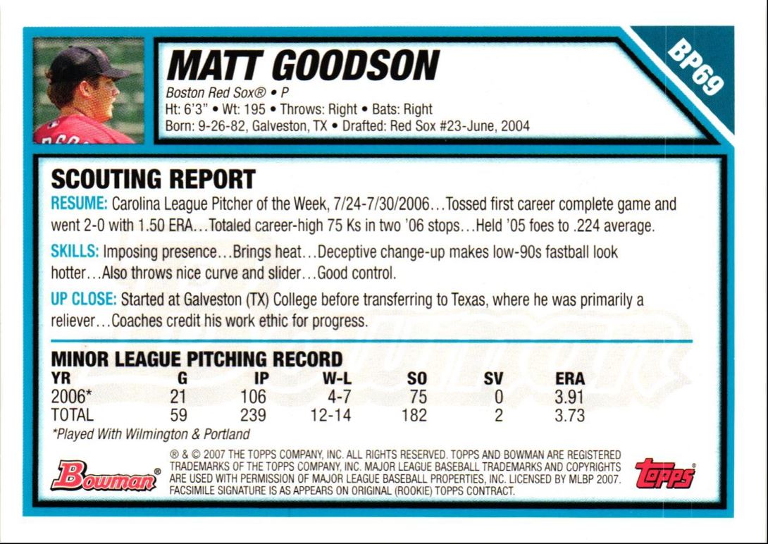 2007 Bowman Prospects Matt Goodson