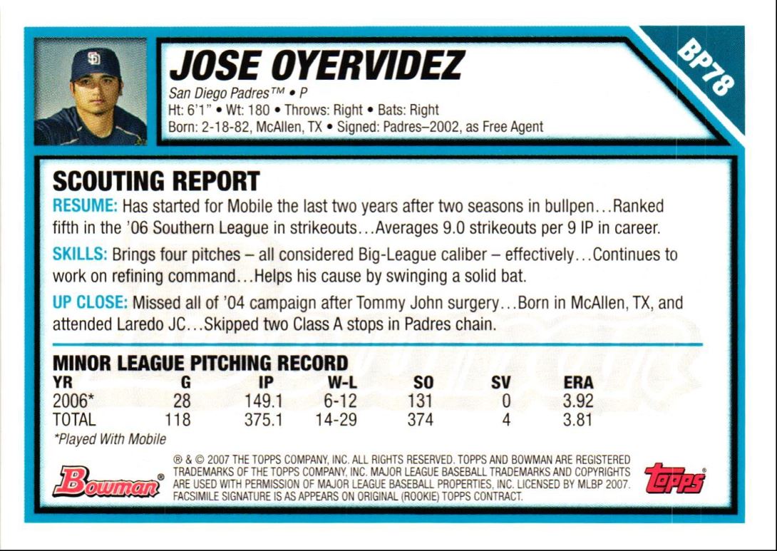 2007 Bowman Prospects Jose Oyervidez