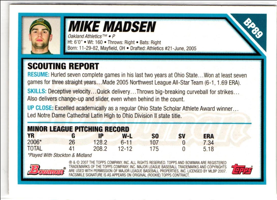 2007 Bowman Prospects Mike Madsen