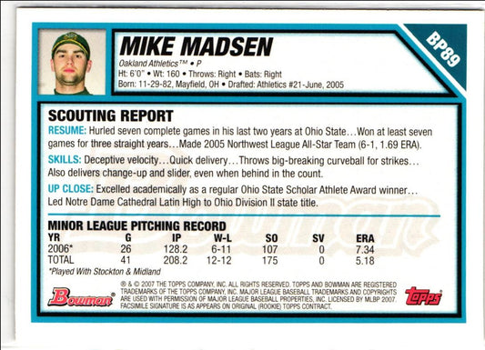 2007 Bowman Prospects Mike Madsen